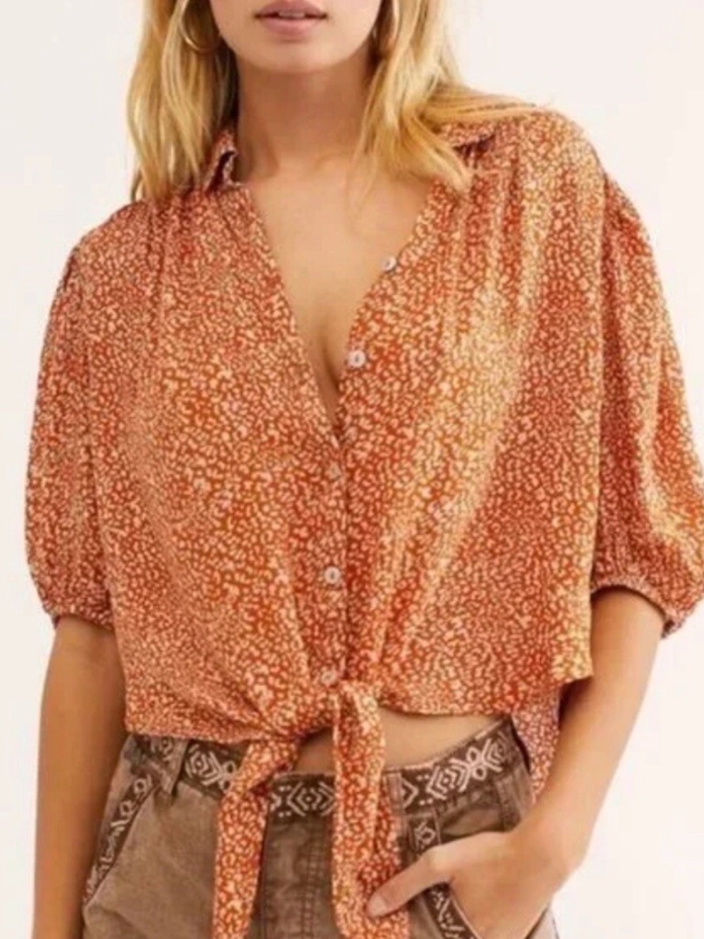 Free People Celia Print Tie Front Button‎ Down Top Size Small